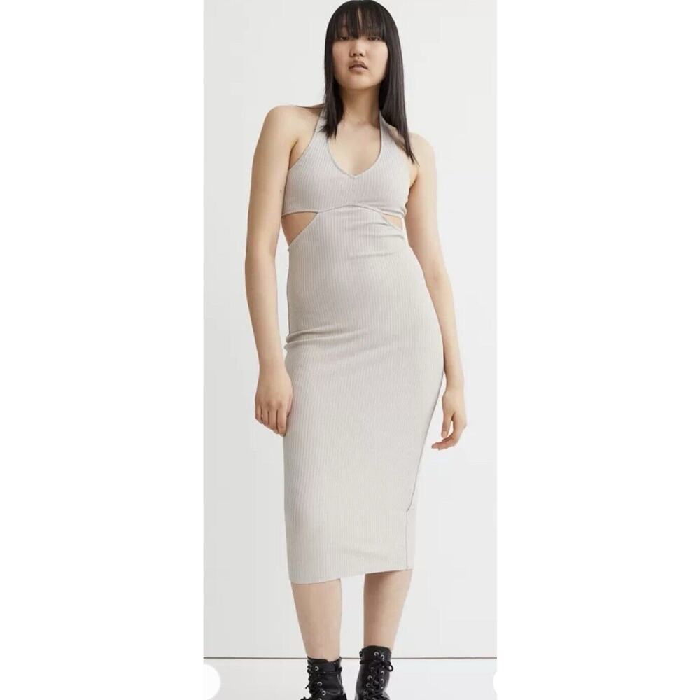Divided H&M Beige Ribbed Halterneck Dress Sz XS Midi Fitted Open Back V-Neck NEW